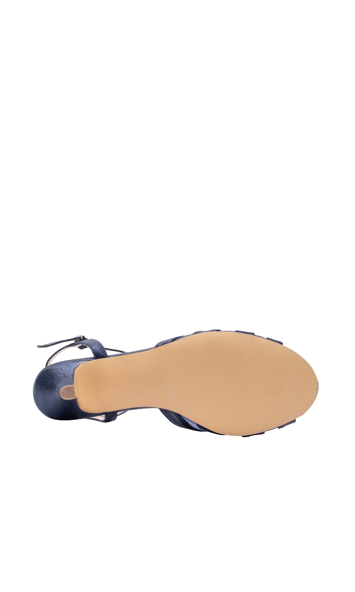 The image shows the bottom view of a single Theresa Navy Blue Prom Shoe (Paradox London P2307) with a smooth beige sole and an elegant ankle strap.